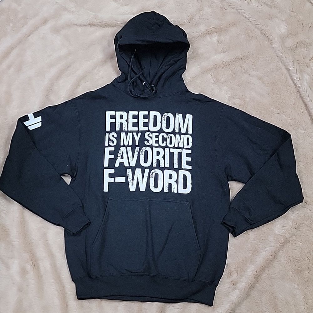 "FREEDOM IS MY SECOND FAVORITE F-WORD" BLACK HOODIE, SIZE MEDIUM